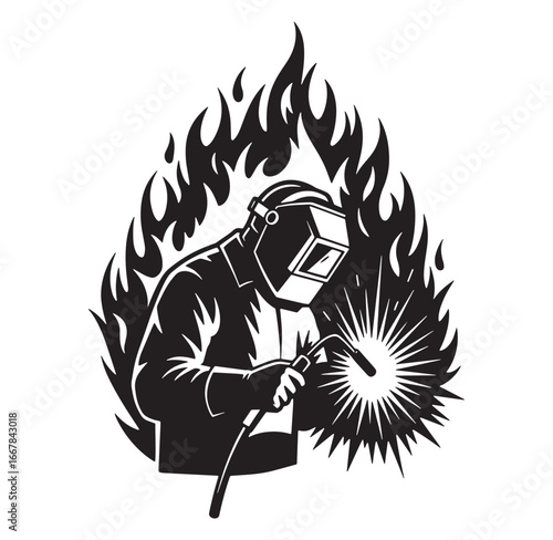 Professional welder working with welding torch with flames and light effect in black and white