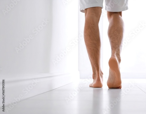 Barefoot man walking hallway