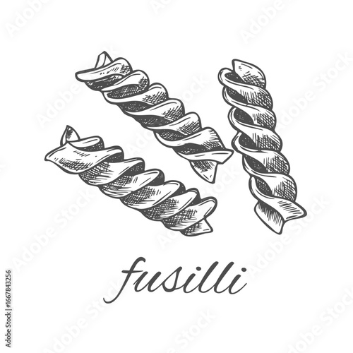 Fusilli pasta symbols or icons, hand drawn black line vector illustration isolated on white background. Fusilli pasta pieces in form of short spirals.