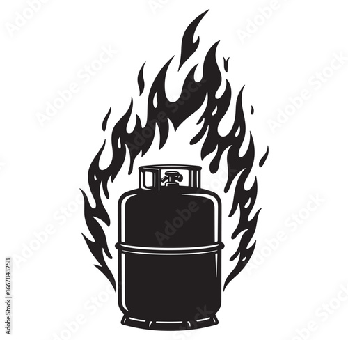 Propane gas tank surrounded by flames dangerous situation warning sign concept