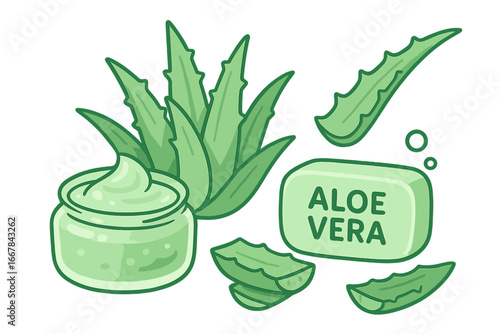 Natural Aloe Vera Gel and Soap with Fresh Aloe Plant Elements in a Calming Green Vector Cartoon Illustration on Transparent Background, Skincare and Wellness Set
