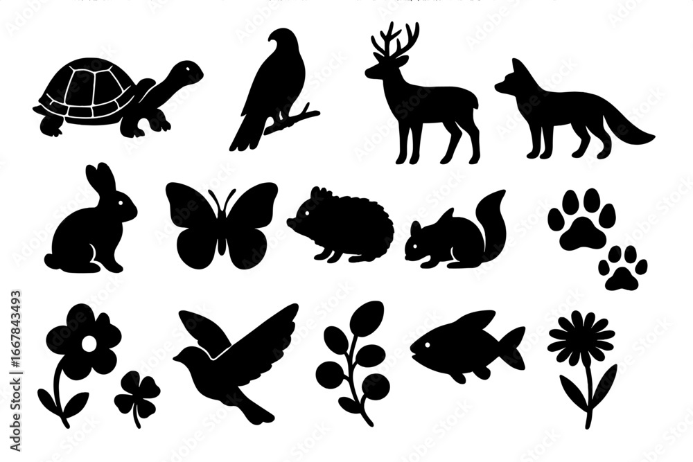 Fototapeta premium Nature and wildlife silhouette icon set, flora and fauna black silhouettes collection, vector cartoon illustrations with transparent background, ordered animal and plant set