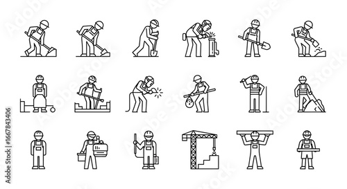 Collection of line art icons representing construction workers and their various tasks, isolated on a