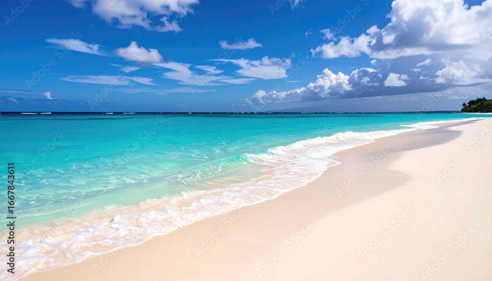 Tropical beach with turquoise ocean waves and white sand, clear blue sky Tropical beach with turquoise ocean waves and white sand, clear blue sky