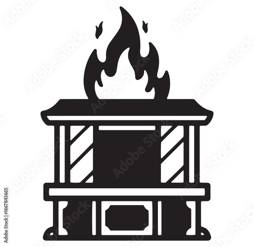 Simple black and white illustration of a brazier with flames and a decorative structure