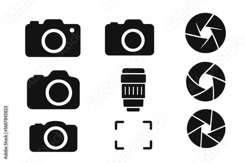 Photography camera silhouette icon set, shutter and aperture symbols in solid black silhouette style, vector cartoon illustration with transparent background, ordered icon set for design