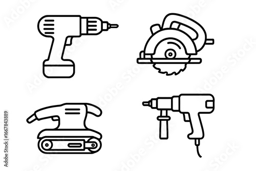 Power tools outline icon set including drill, circular saw, belt sander, and mixer, vector cartoon illustration with transparent background, industrial and construction equipment icons collection