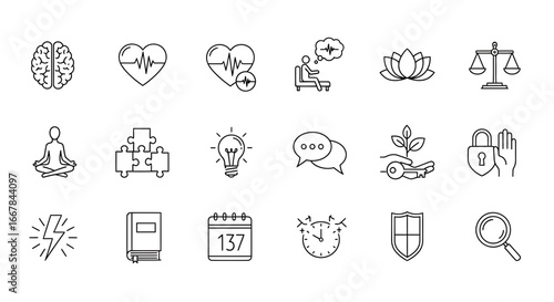 Collection of simple line icons representing health, wellness, and business concepts