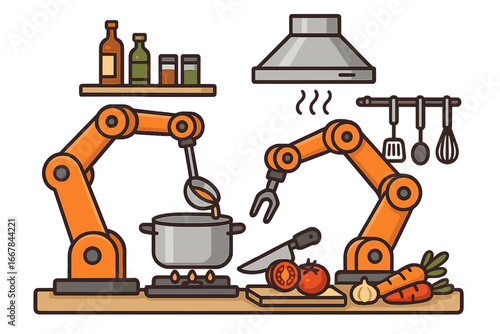 Robotic Arms Cooking and Preparing Food Ingredients in Kitchen Automation Process, Modern Industrial Cooking Robot, Smart Kitchen Technology Vector Illustration