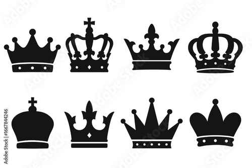 Royal crown silhouette icon set, regal king and queen symbols, elegant crown collection, black and white vector cartoon illustration, transparent background, ordered design set