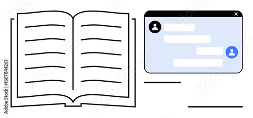 Open book paired with a chat window featuring user profiles and messages. Ideal for education, e-learning, remote collaboration, knowledge sharing, online resources, digital communication, simple
