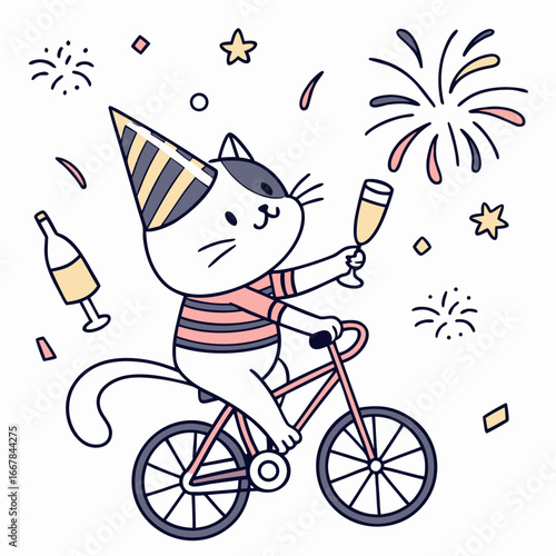Cute Gentle Cat, accessorized with riding a bicycle, in a New Year celebration world – Midnight Sparkle palette vector