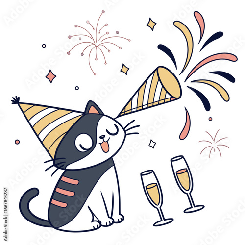 Whimsical Cat feeling Bashful in a New Year celebration setting with with a giant leaf – colored in Midnight Sparkle