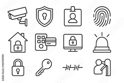 Security and Access Control Line Icon Set, Monitoring and Protection Symbols in Outline Style, Vector Cartoon Illustrations with Transparent Background, Ordered Set