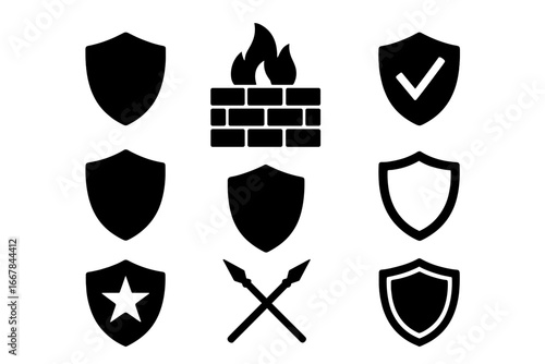 Security and protection icon set with shield, firewall, defense silhouettes, cartoon style vector illustration, transparent background, ordered icons collection for cybersecurity and safety concepts