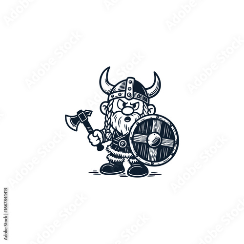 Engraving logo of a Viking Smurf character holding an axe and shield. Cartoon-style black and white illustration with Nordic helmet, braided beard, and warrior armor
