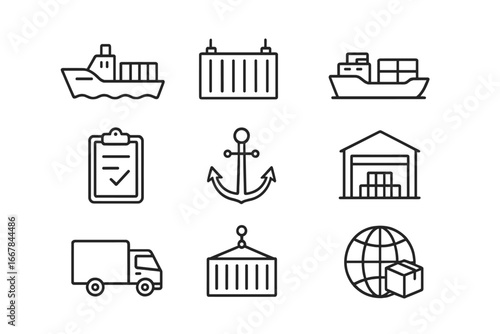 Shipping and logistics linear icon set with maritime ships, container symbols, transport, freight, warehouse, global delivery, and cargo outline style vector illustration