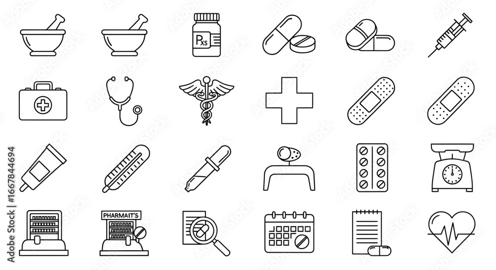 Naklejka premium Collection of medical icons and symbols, representing healthcare, pharmacy, and medical equipment