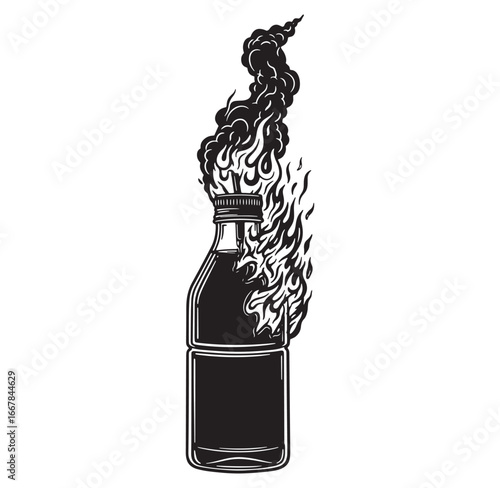 Vector illustration of a molotov cocktail bottle exploding with flames and smoke in silhouette