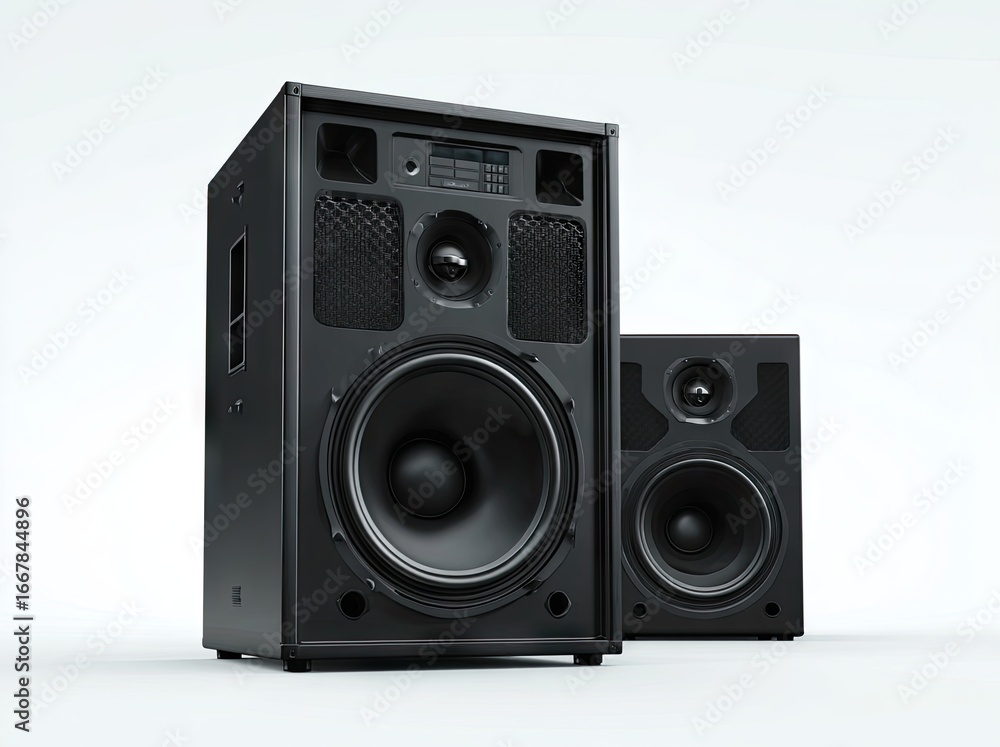 Fototapeta premium Two black audio speakers on white background
