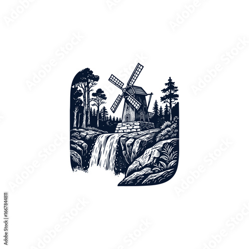 Engraving logo of a traditional windmill beside a waterfall in a forest landscape flat vector