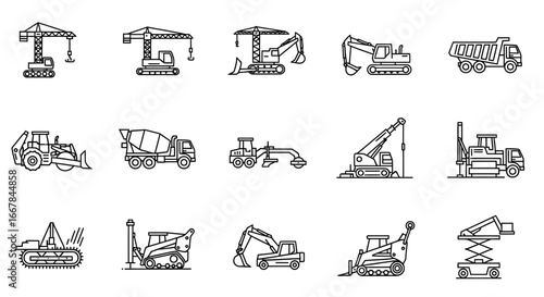 Collection of construction equipment icons, , featuring cranes, excavators, bulldozers, cement mixers, dump trucks, and drilling machines, representing heavy machinery and building industry