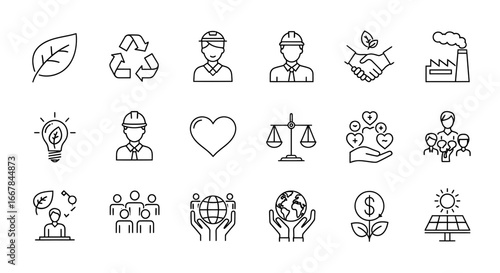 Collection of ecofriendly and sustainability icons, including a leaf, recycling symbol, engineers, handshake, factory, lightbulb, heart, scales of justice, people, globe, and solar panel