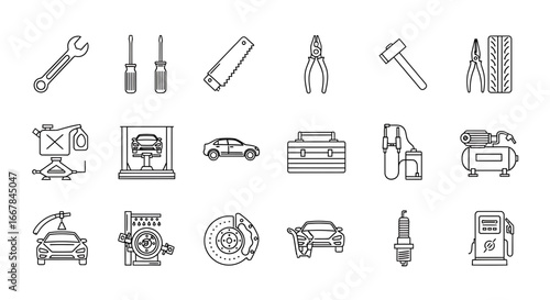 A collection of thin line icons representing automotive repair services, vehicle maintenance, and essential garage equipment