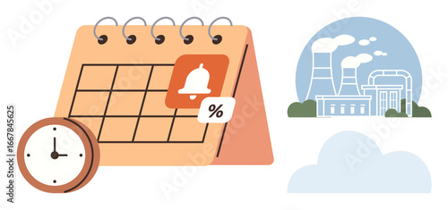 Calendar with reminder bell, percentage symbol, clock, and industrial power plant. Ideal for project management, deadlines, scheduling, energy management, industrial operations efficiency simple