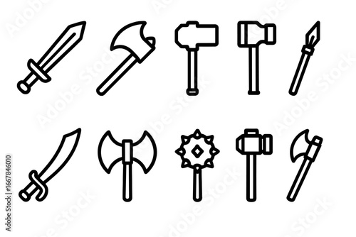 Iconic weaponry line art set featuring swords, axes, hammers, maces, and spears in cartoon style with transparent background, medieval arms collection for design