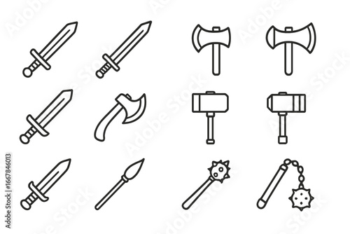Weaponry line icon set with swords, axes, hammers, maces, flail, and spear. Vector cartoon illustration with transparent background. Medieval weapons ordered set for design