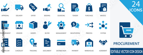 A detailed set of procurement and supply chain vector icons for business, contract, and delivery processes. Ideal for illustrating bidding, sourcing, inventory, and vendor management.