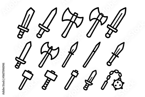 Weaponry line icon set with swords, axes, hammers, maces, and medieval weapons, vector cartoon style illustration with transparent background, ordered collection of classic armory icons