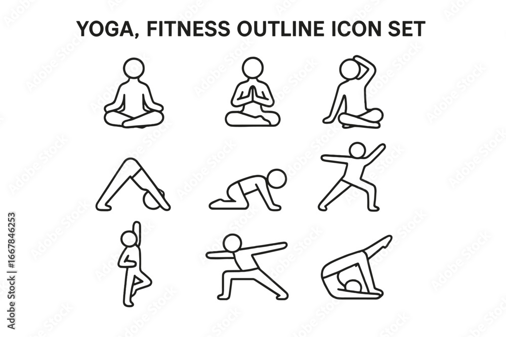 Yoga and Fitness Outline Icon Set Featuring Wellness, Meditation Poses, Stretching, Flexibility, Balance, Exercise, and Relaxation Vector Cartoon Illustrations with Transparent Background
