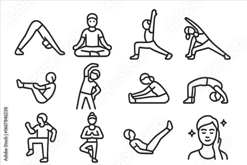 Yoga exercise outline icon set, stretching fitness wellness line icons collection, vector cartoon illustration, transparent background, ordered set of 12 icons for health and mindfulness