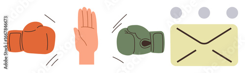 Boxing gloves clashing with hand signaling stop, alongside an envelope suggesting communication. Ideal for conflict resolution, nonviolence, compromise, negotiation, diplomacy, teamwork
