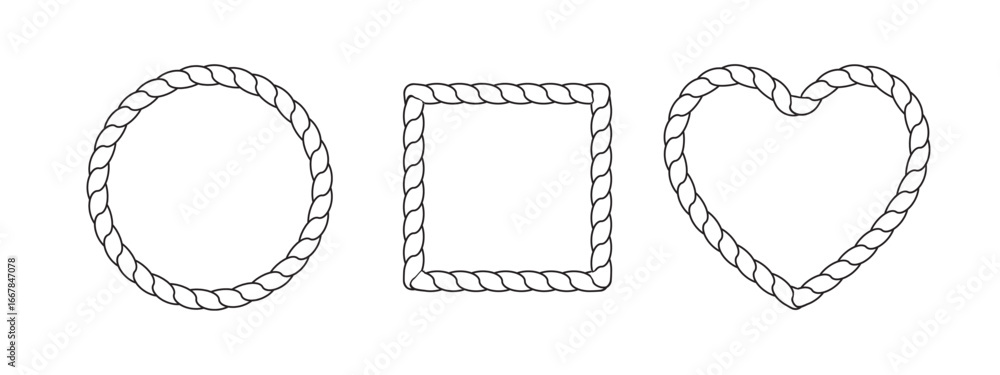 Set of Decorative Rope Frames Featuring Circular, Square, and Heart Shapes in a Minimalist Outline. Vector Set of Decorative Rope Frames Featuring Circular, Square, and Heart Shapes in a Minimalist Outline. Vector