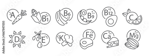 Set of line icons representing essential vitamins, minerals, and nutrients, including their food sources. Vector illustration for educational, informational, medical, or advertising purposes.