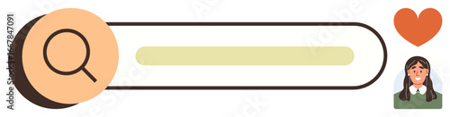 Search bar with lens, female avatar, and heart icon. Ideal for user interface, technology, communication, browsing, search engines social media and personalization. Simple flat metaphor