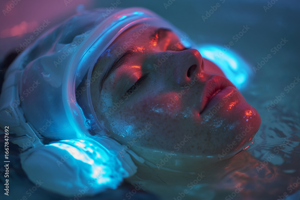 Fototapeta premium Dramatic close-up portrait of person wearing VR headset with red and blue neon lighting effects