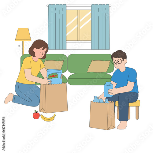 A couple unpacking grocery delivery bags at home