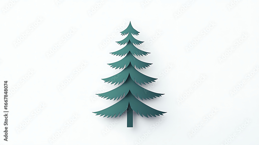 Obraz premium Stylized paper cut out Christmas tree in a minimalist design on a white background, perfect for holiday decorations and winter-themed projects
