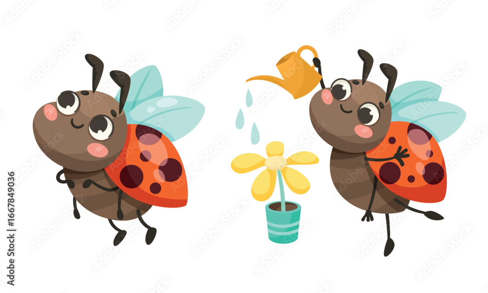 Obraz premium Adorable and Colorful Cartoon Insects Gently Watering a Beautiful Flower in a Garden Setting