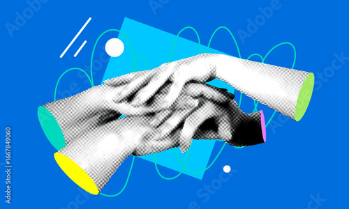 Teamwork concept. Сolleagues folding their hands together. Modern collage with bunch of peoples hands. Pile of arms folded on top of each other. Productive work. Teambuilding. Creative collaboration