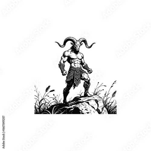 engraving logo of a powerful mythological goat warrior. Black and white vector illustration with detailed horns, muscular body, and tribal armor