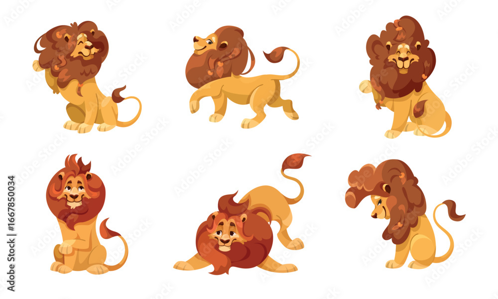 Fototapeta premium Pixel Art Lion Collection Featuring Various Poses and Multiple Facial Expressions