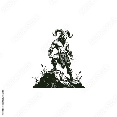 engraving logo of a powerful mythological goat warrior. Black and white vector illustration with detailed horns, muscular body, and tribal armor