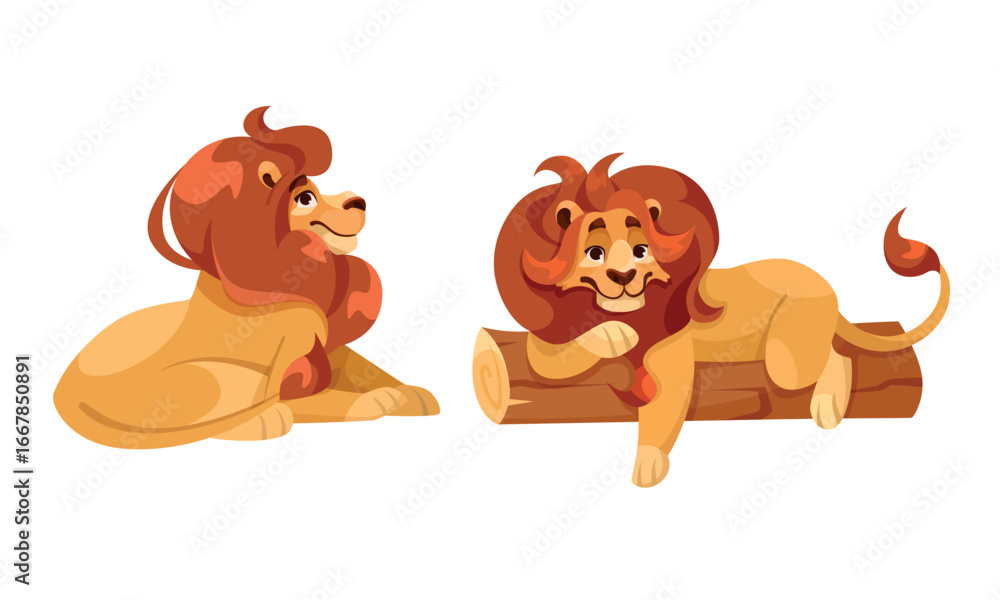 Obraz premium A delightful scene featuring playful cartoon lions happily relaxing in a lush forest setting