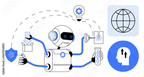 Robot multitasking with a test tube, gear idea, and data flow. Ideal for technology, innovation, artificial intelligence, science, global connection automation creative thinking. Simple flat