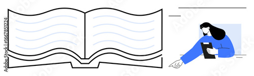 Open book with curved text lines and woman interacting with digital content. Ideal for education, e-learning, digital access, content sharing, reading habit, creativity, simple landing page